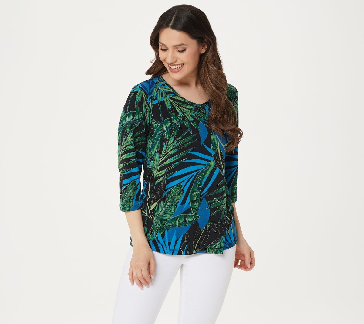 Printed Liquid Knit V-neck 3/4