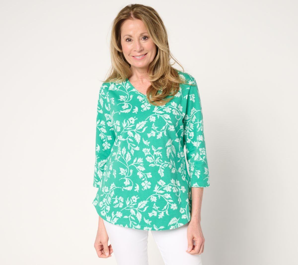 Printed 3/4 Sleeve V-Neck Top