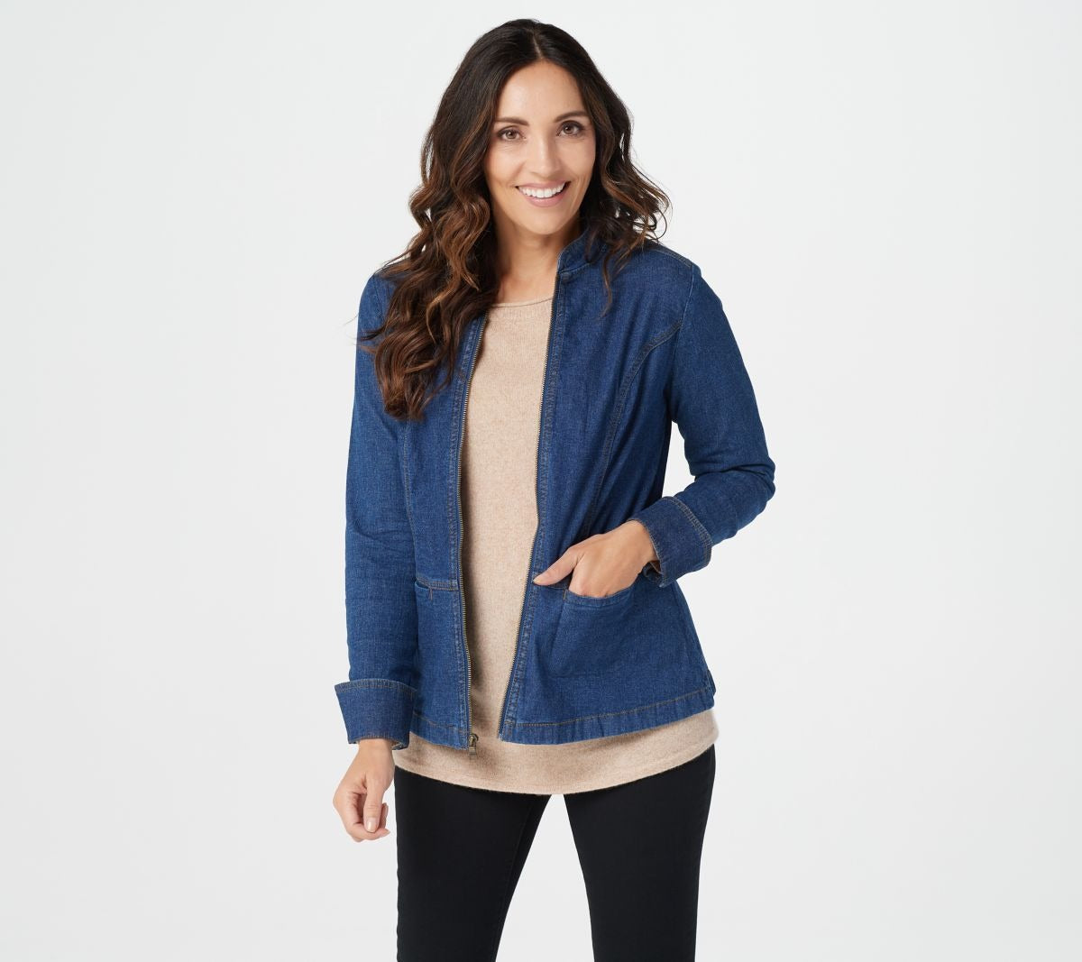 Stretch Denim Long Sleeve Zip Front