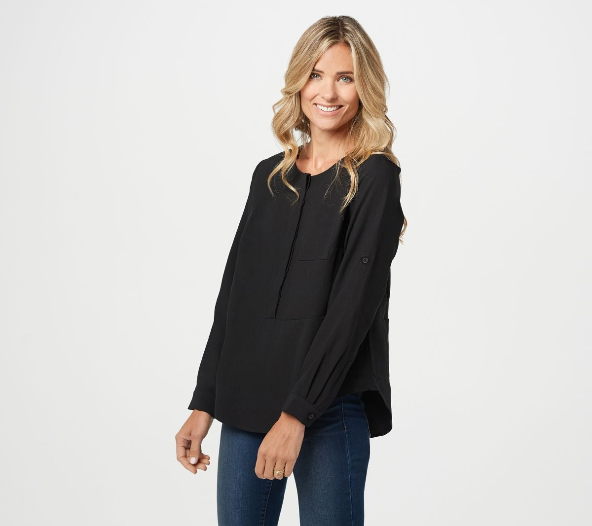 Woven Top w/ Roll-Tab Sleeve