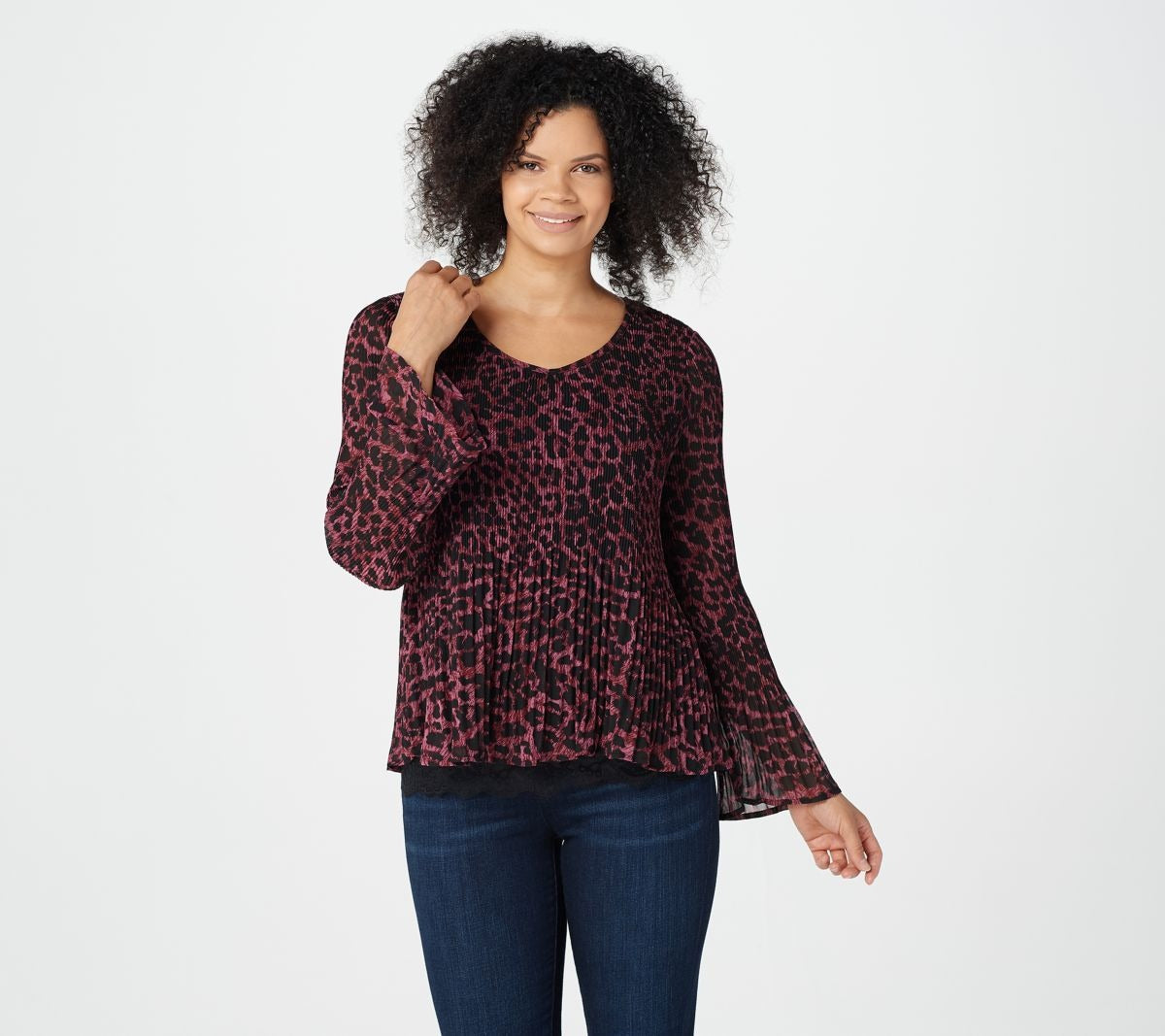 Pleated Leopard Long Sleeve Blouse