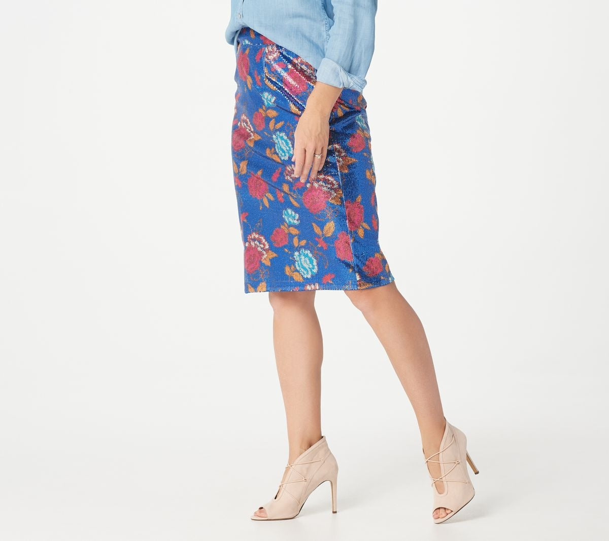 Floral Printed Sequin Midi Pencil