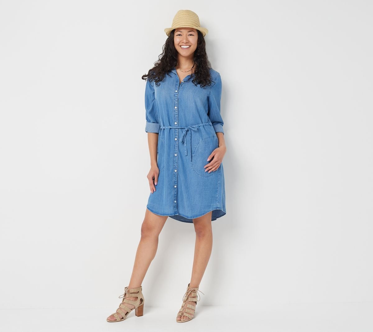 3/4 Sleeve Shirt Dress with Tie