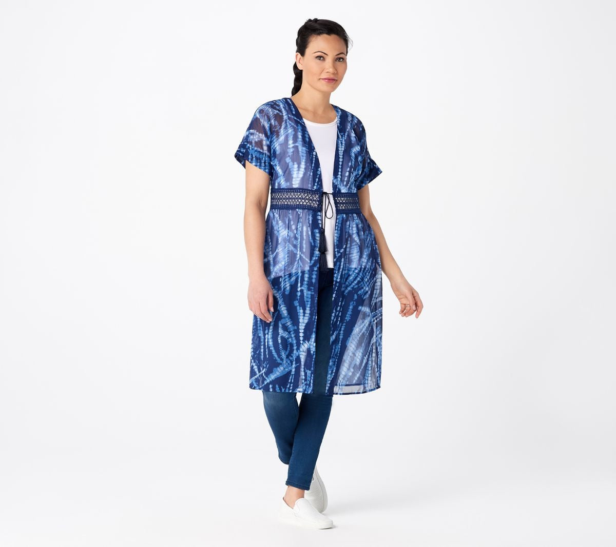 Printed Chiffon Duster with Lace