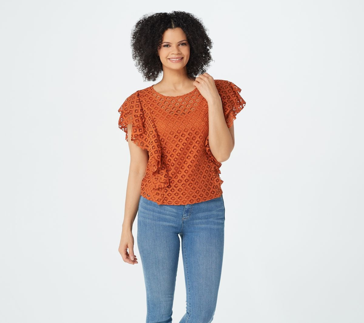 Crew Neck Ruffle Lace Top