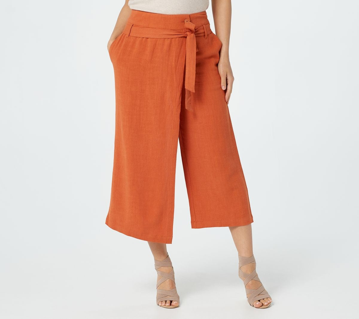 Linen Blend Cropped Pants with Wrap