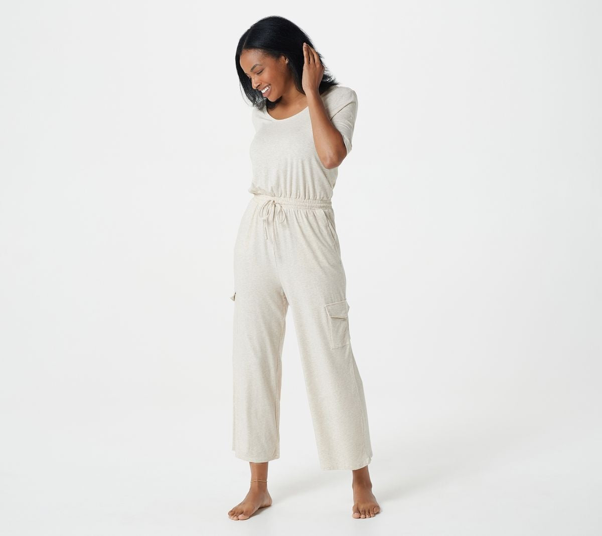 Cozy Knit Elbow Sleeve Cargo Jumpsuit