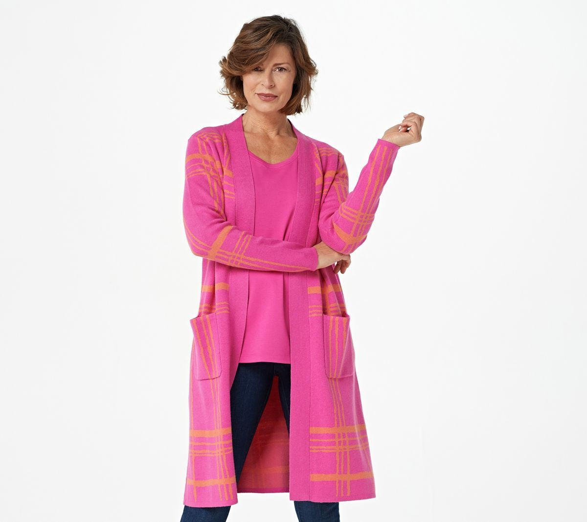 Open Front Plaid Jacquard