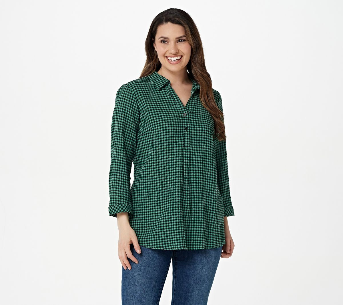Textured Gingham V-Neck Blouse