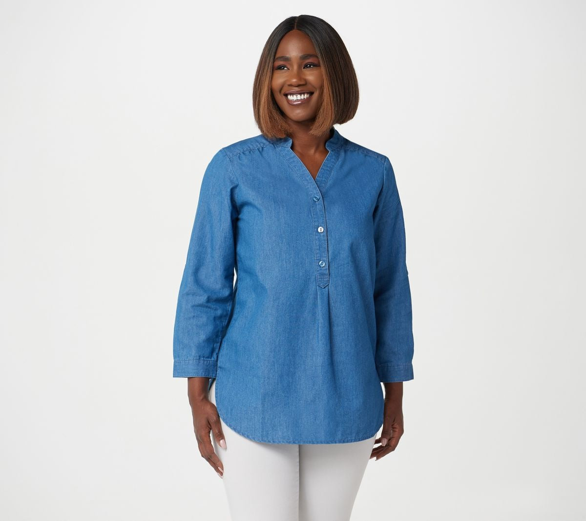 Split Neck Half Placket Denim Shirt