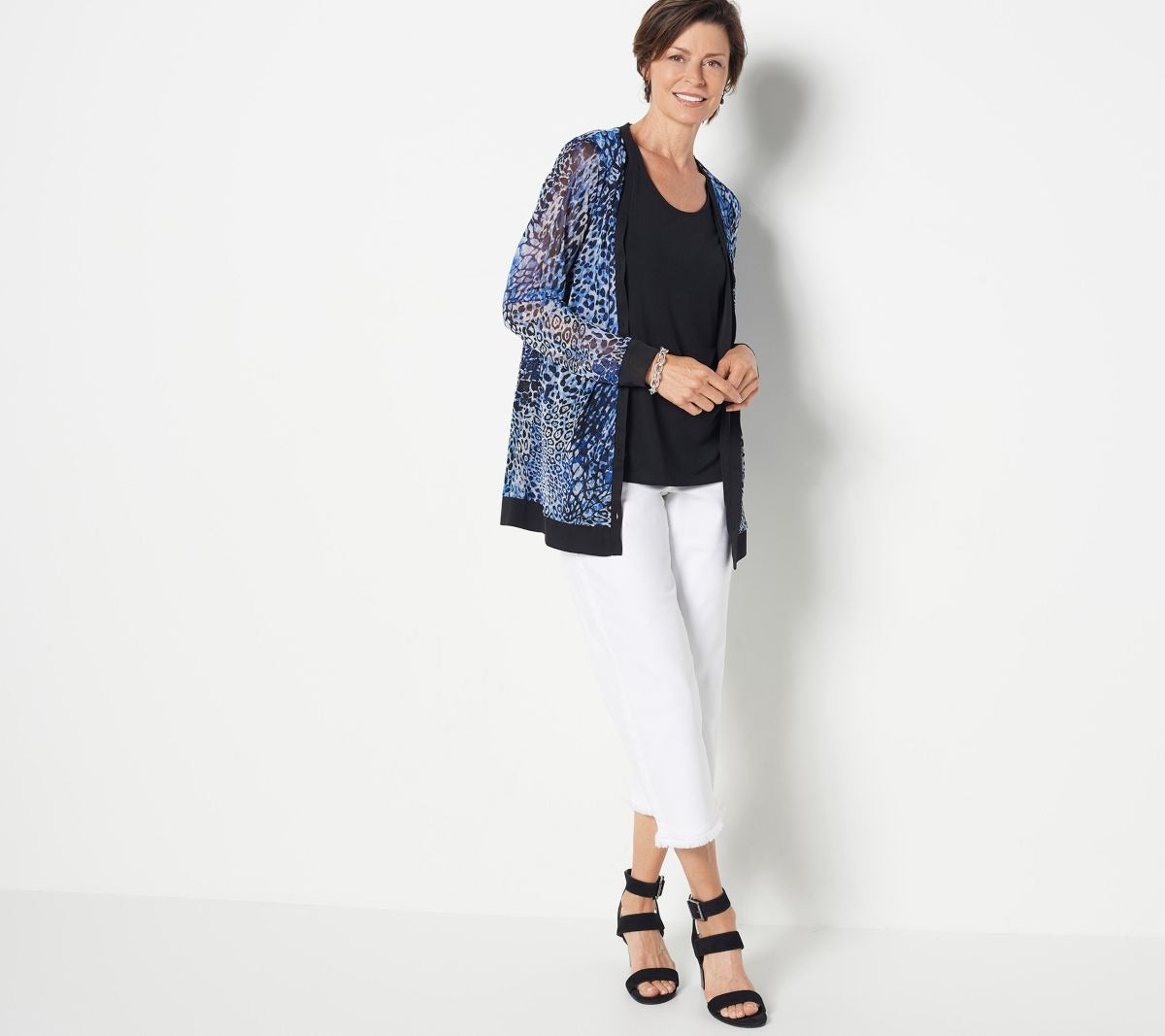 Printed Mesh-Button Front Cardigan