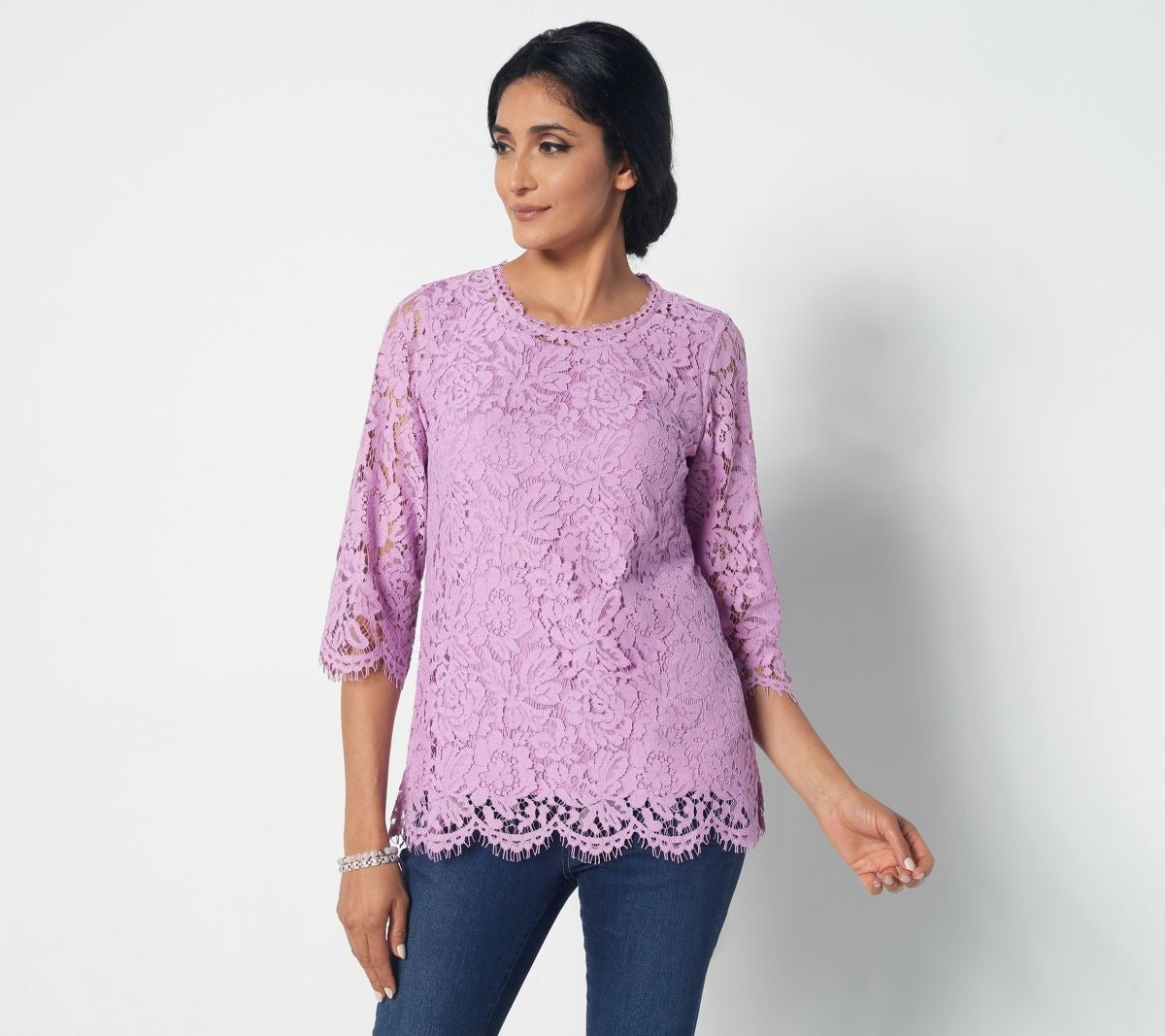 Lace Crew-Neck Top with 3/4