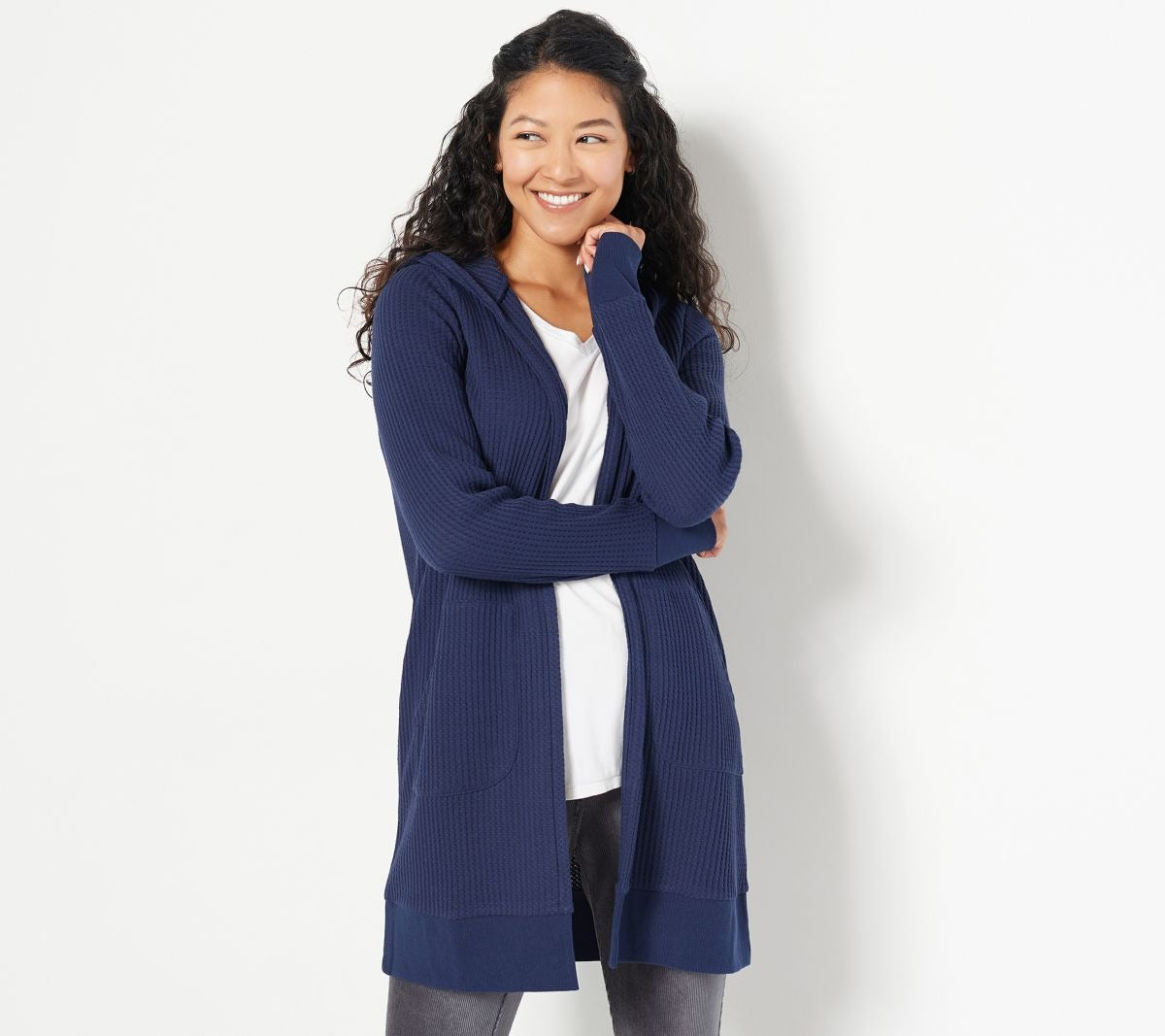 Waffle Knit Hooded Cardigan