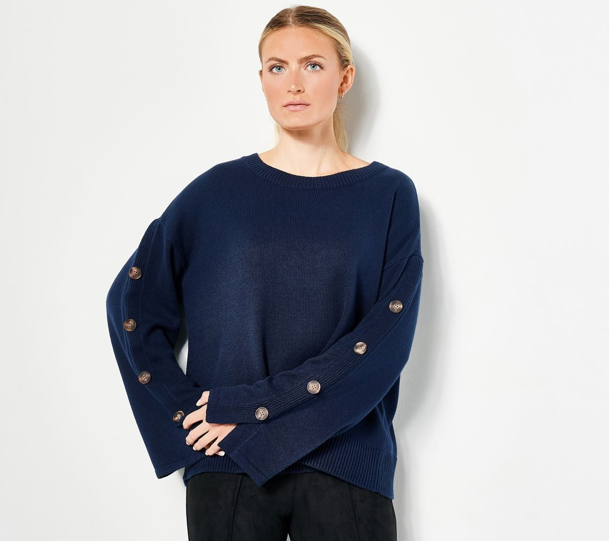 Button Bell Sleeve Boatneck Sweater