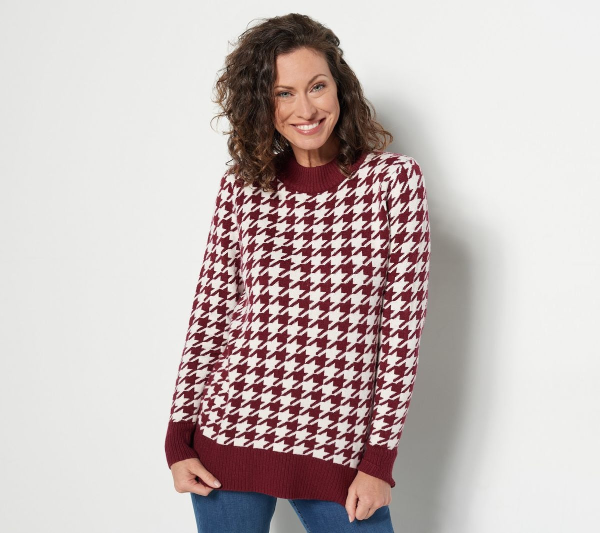 Jacquard Houndstooth Mock-Neck