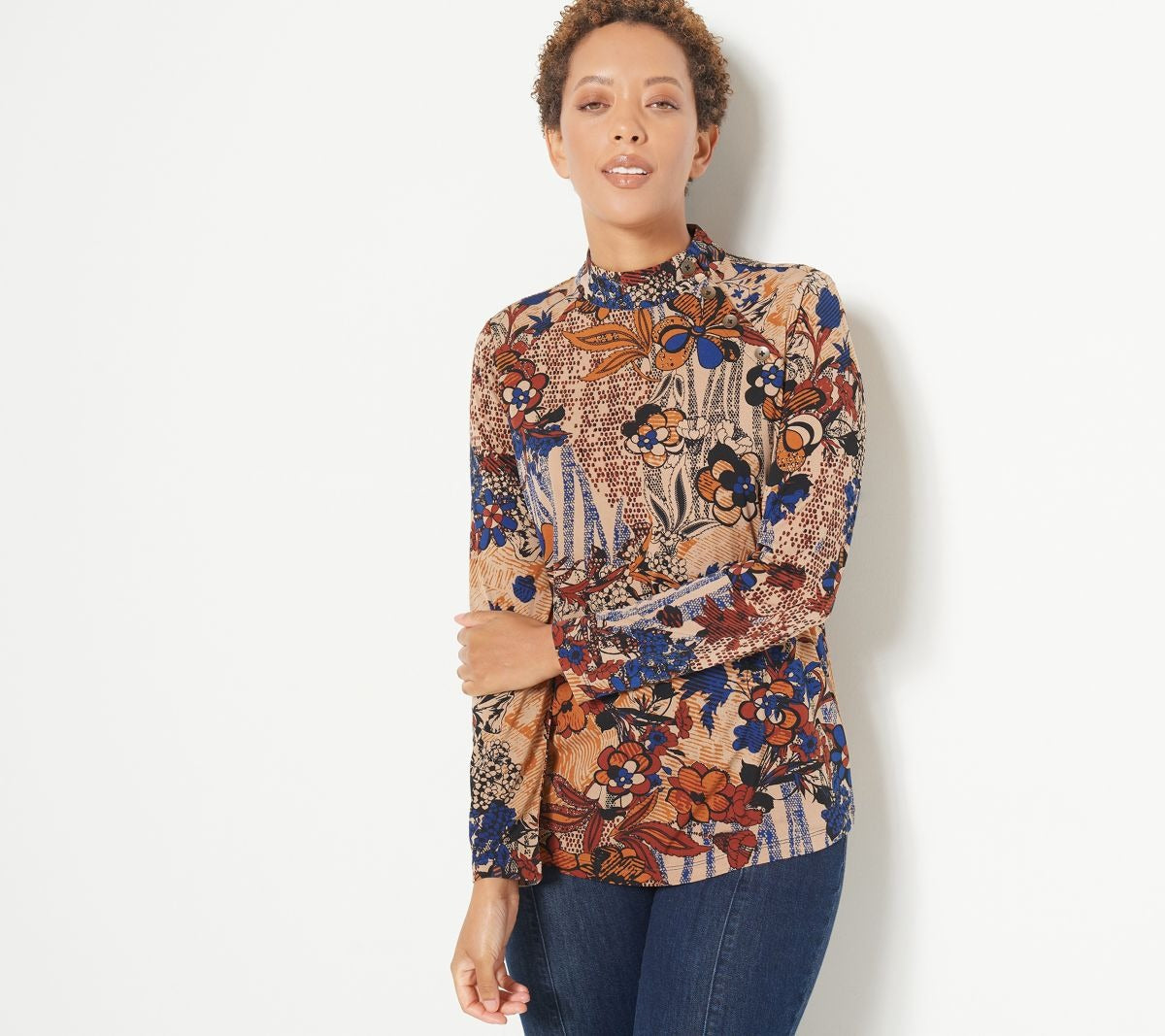 Printed Liquid Knit Mock-Neck Top