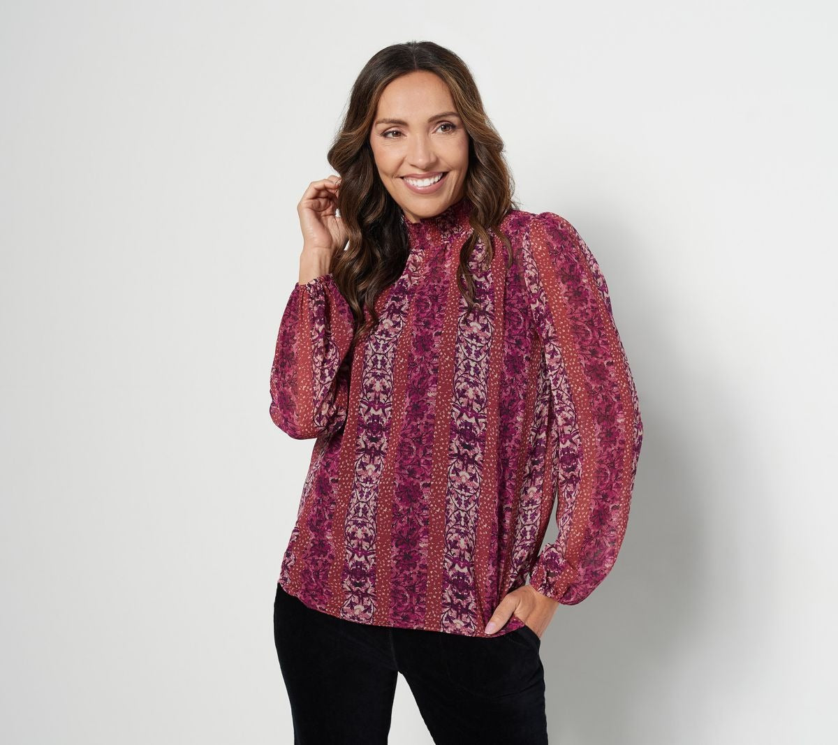 Printed Chiffon Smocked Mock Neck