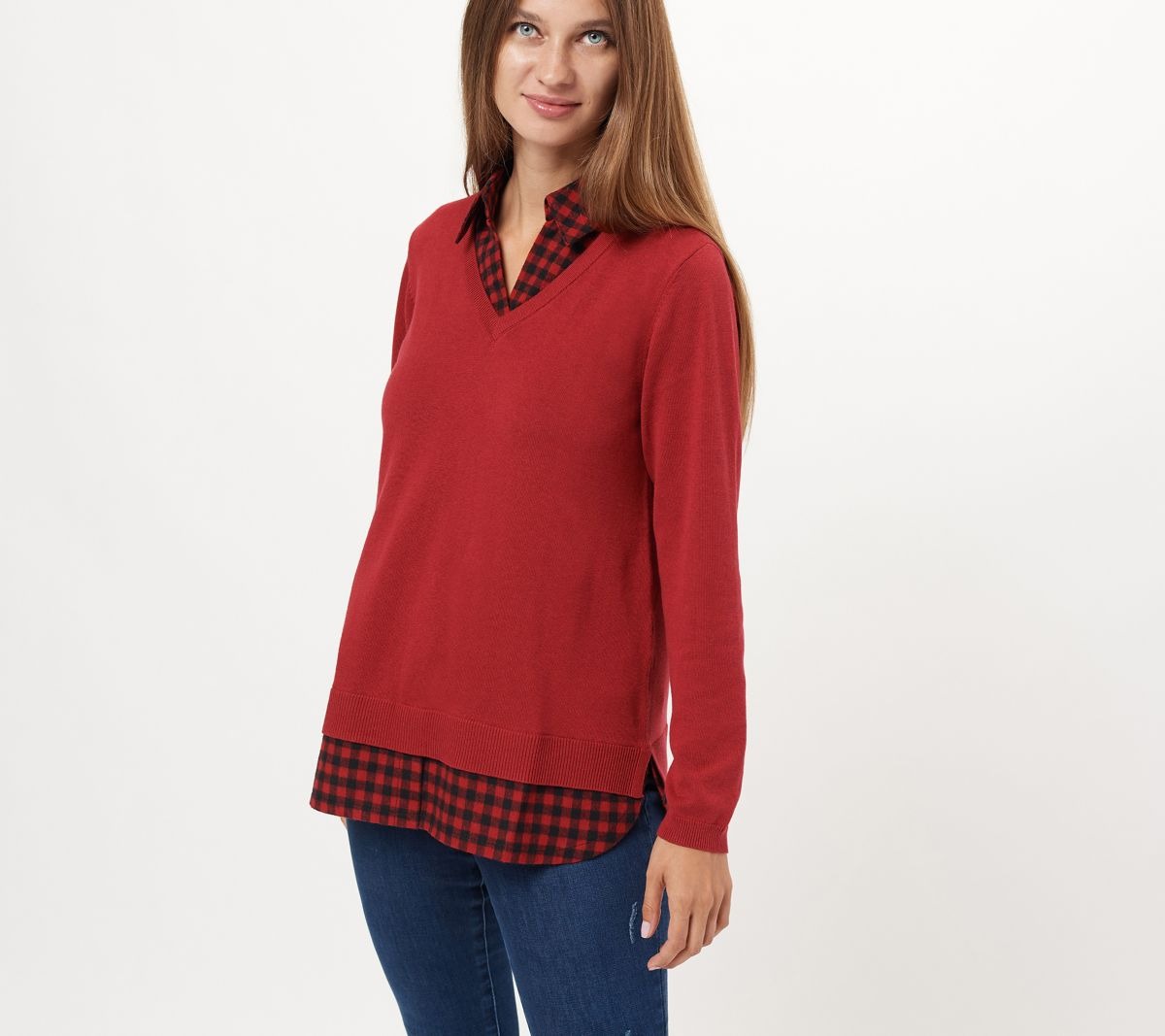 V-Neck Sweater w/ Buffalo Plaid