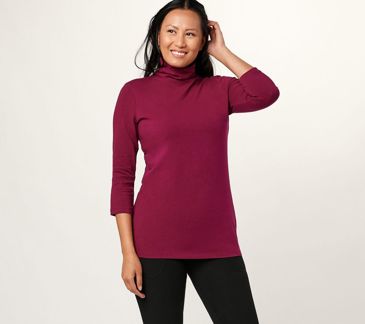 Washed Cotton Mock Neck 3/4