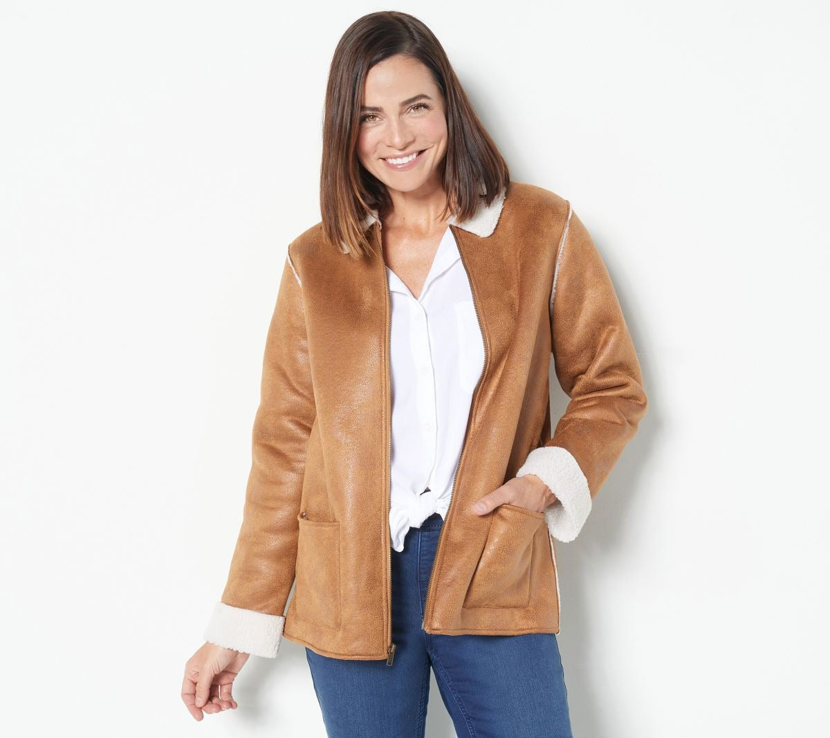 Faux Suede Bonded to Sherpa Zip