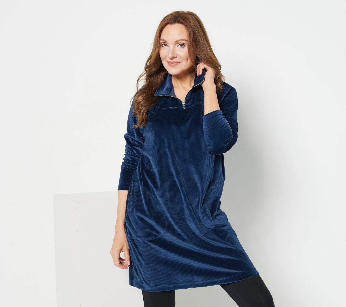 Ribbed Velour Tunic with Zip Front