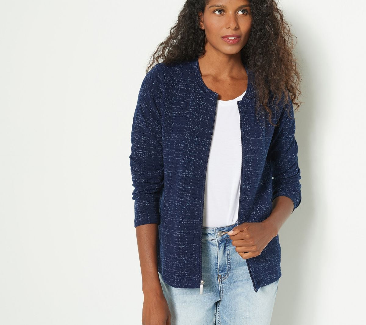Plaid Jacquard Knit Zip-Front Long