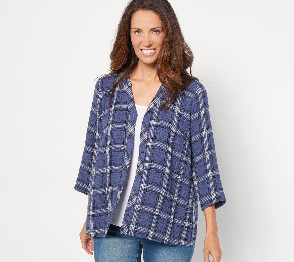 Textured Stretch Plaid Y-Neck