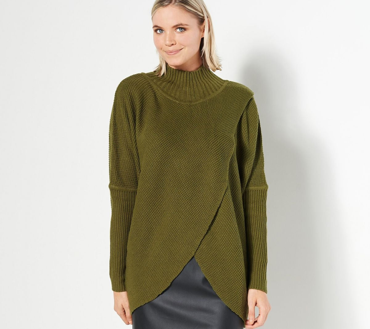 Knit Cross Over Front Funnel Neck