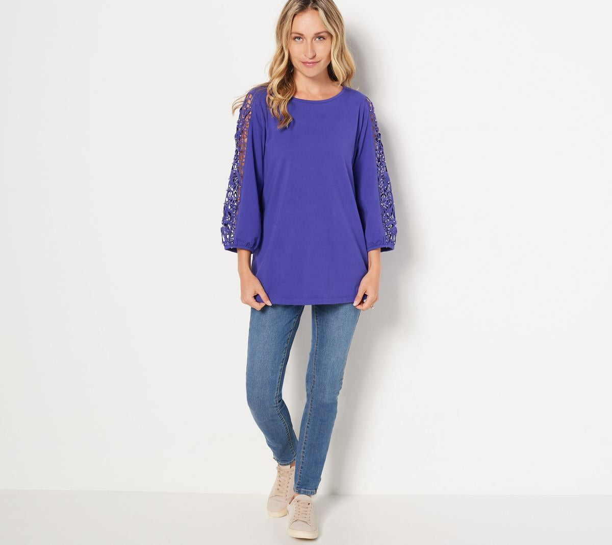 Lace 3/4-Sleeve Knit T-Shirt