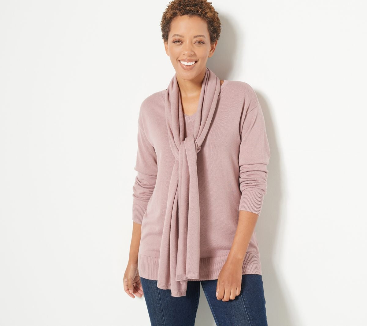 V-neck Sweater and Scarf Set