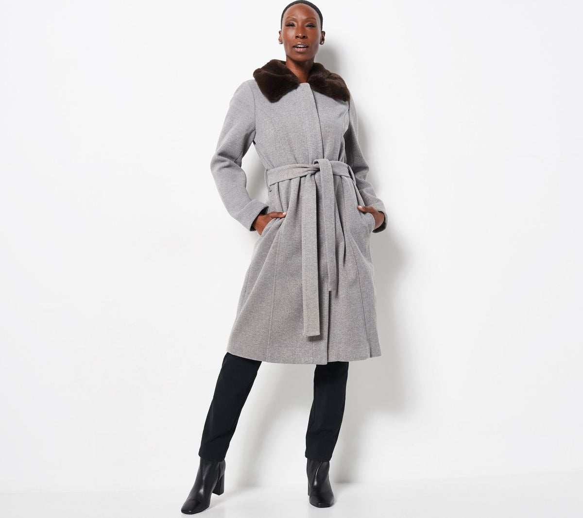 Woven Belted Coat w/ Faux Fur Trim