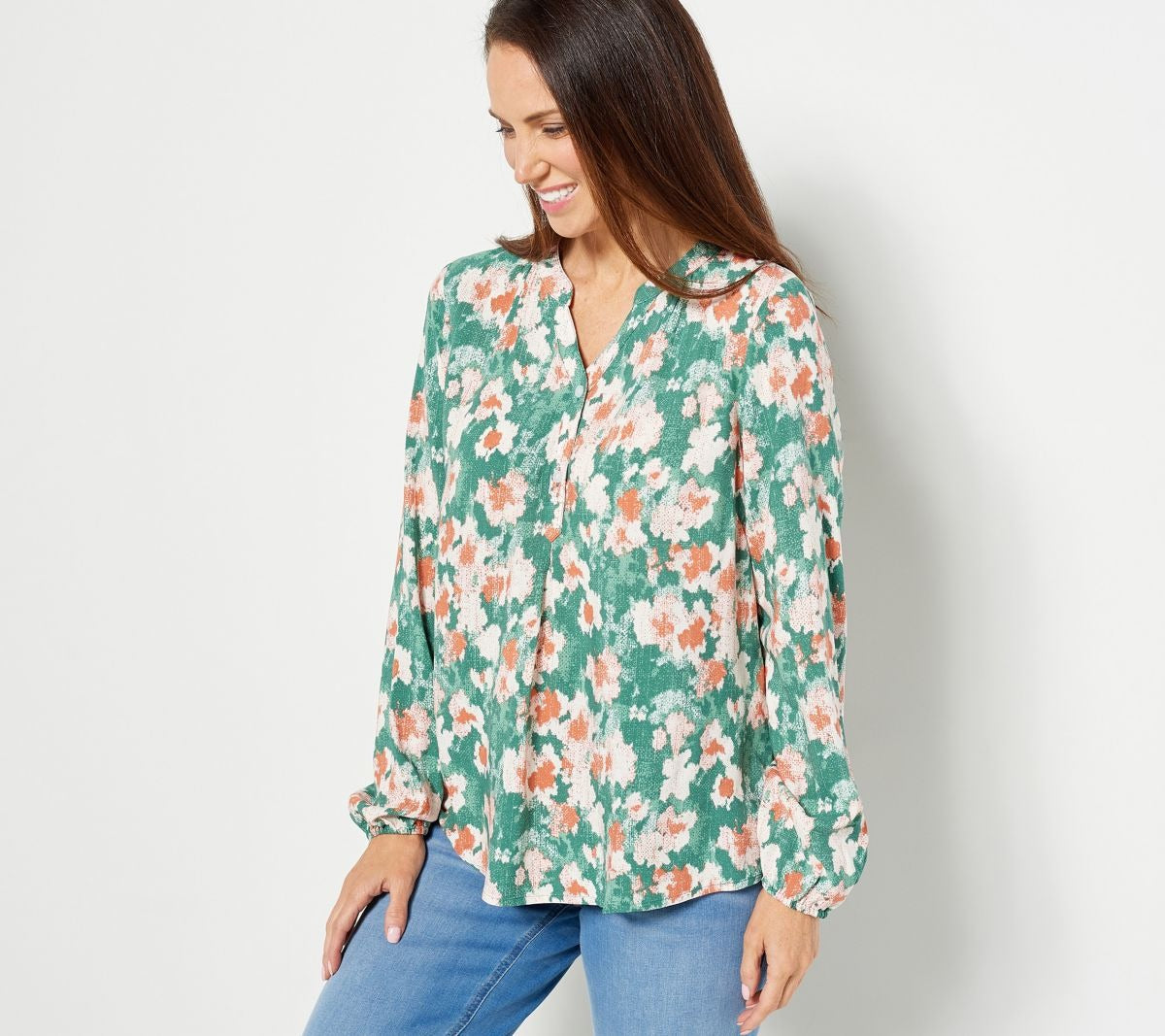 Printed Y-Neck Half Placket Blouse