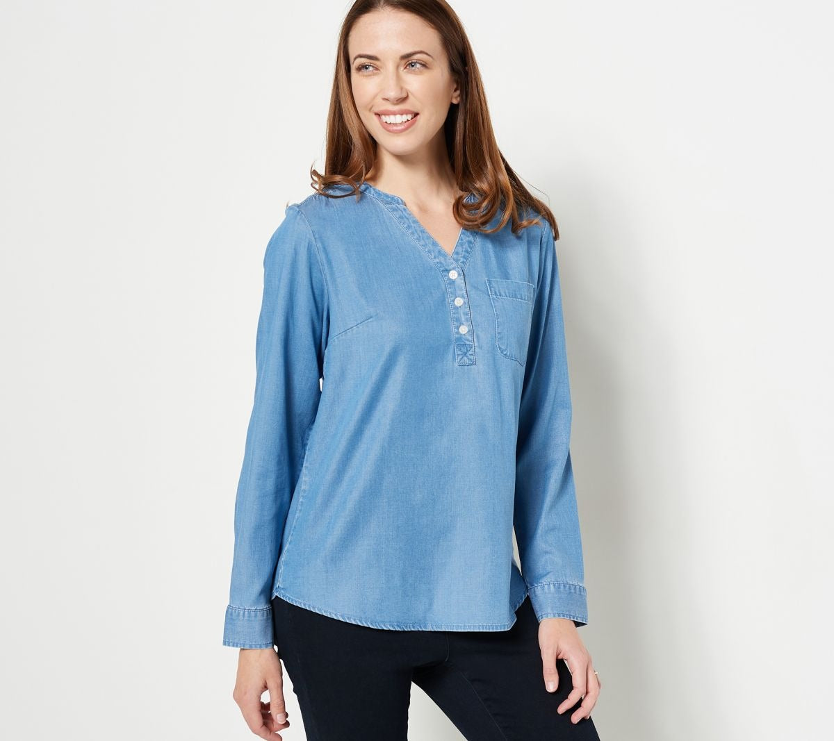 Stretch Tencel Y-Neck Long-SleeveBl