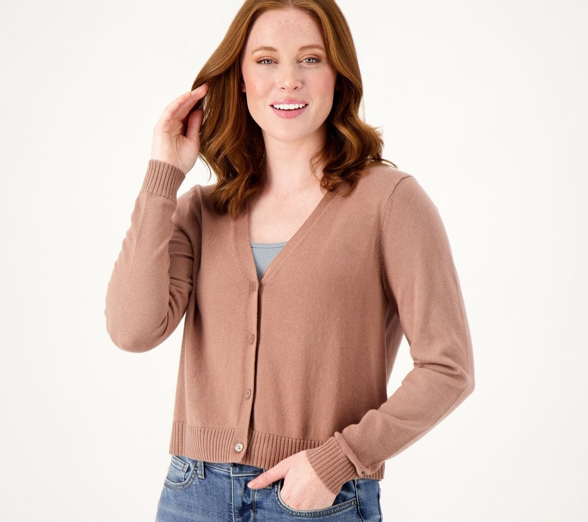 Button-Front Long-Sleeve Cropped