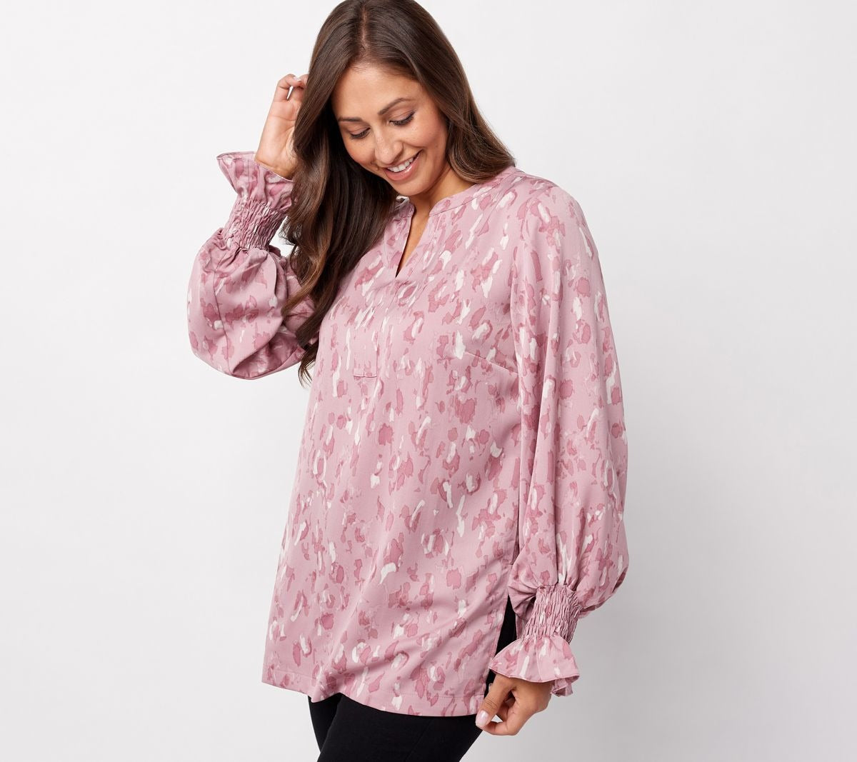 Stretch Satin Smocked Cuff Tunic