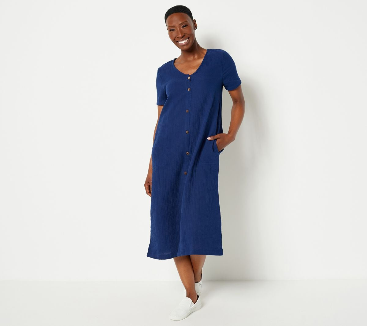 Cotton Gauze V-Neck Midi Shift Dress