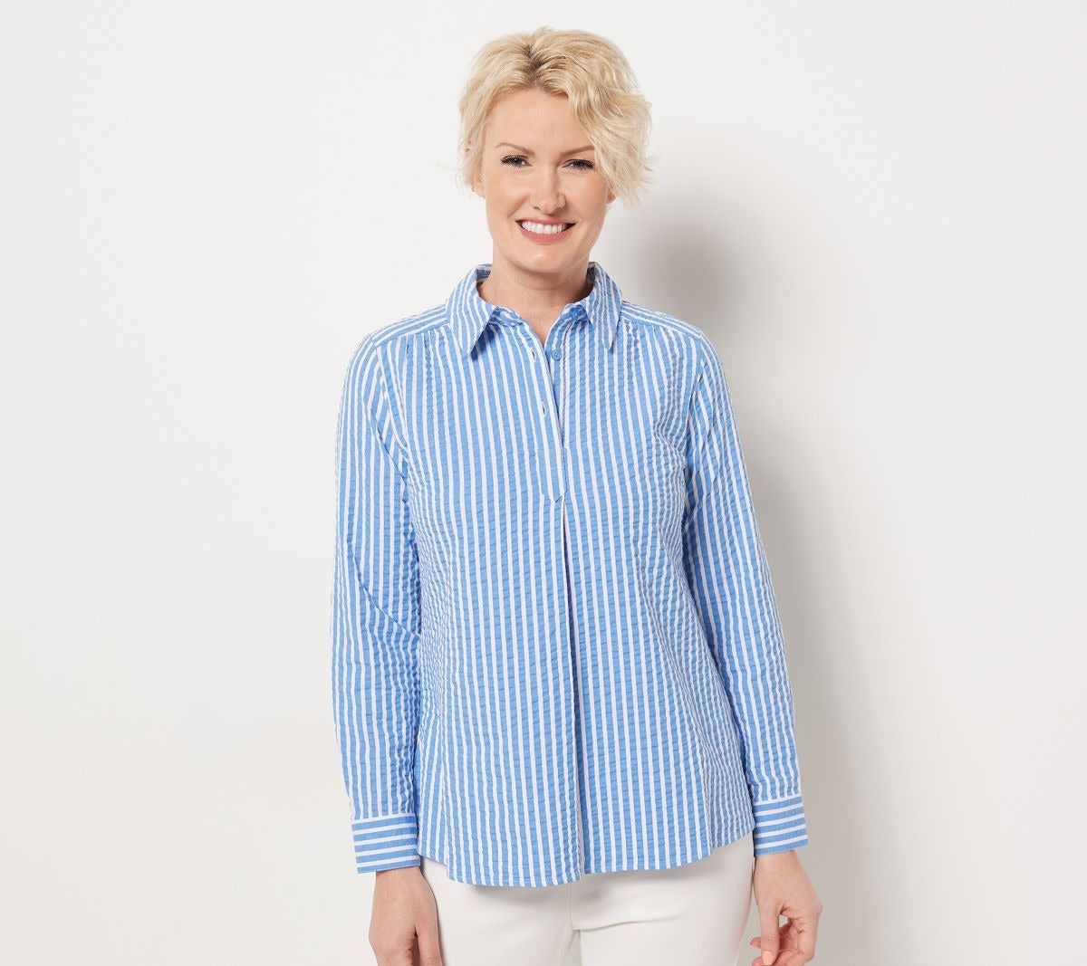 Stretch Seersucker Long Sleeve Top