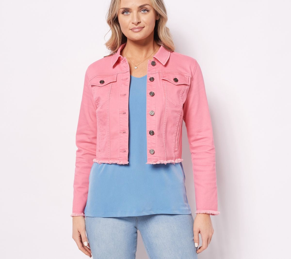 Stretch Denim Long Sleeve Button