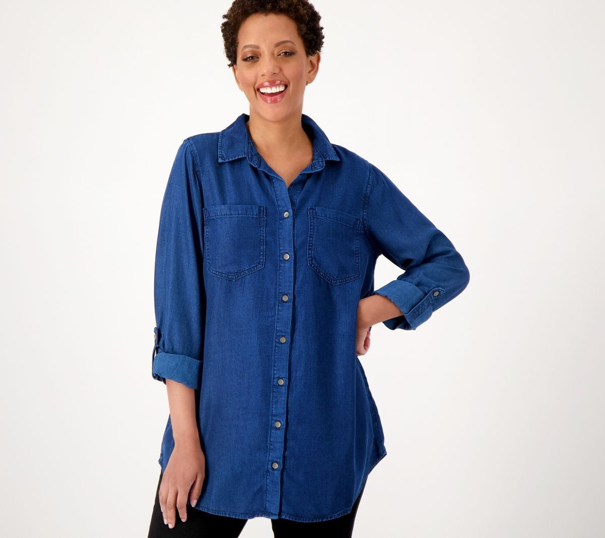 Button Front Denim Tunic with Roll