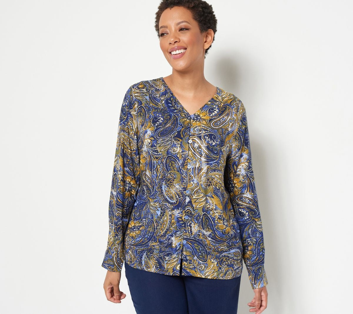 Paisley Print V-Neck Button Front