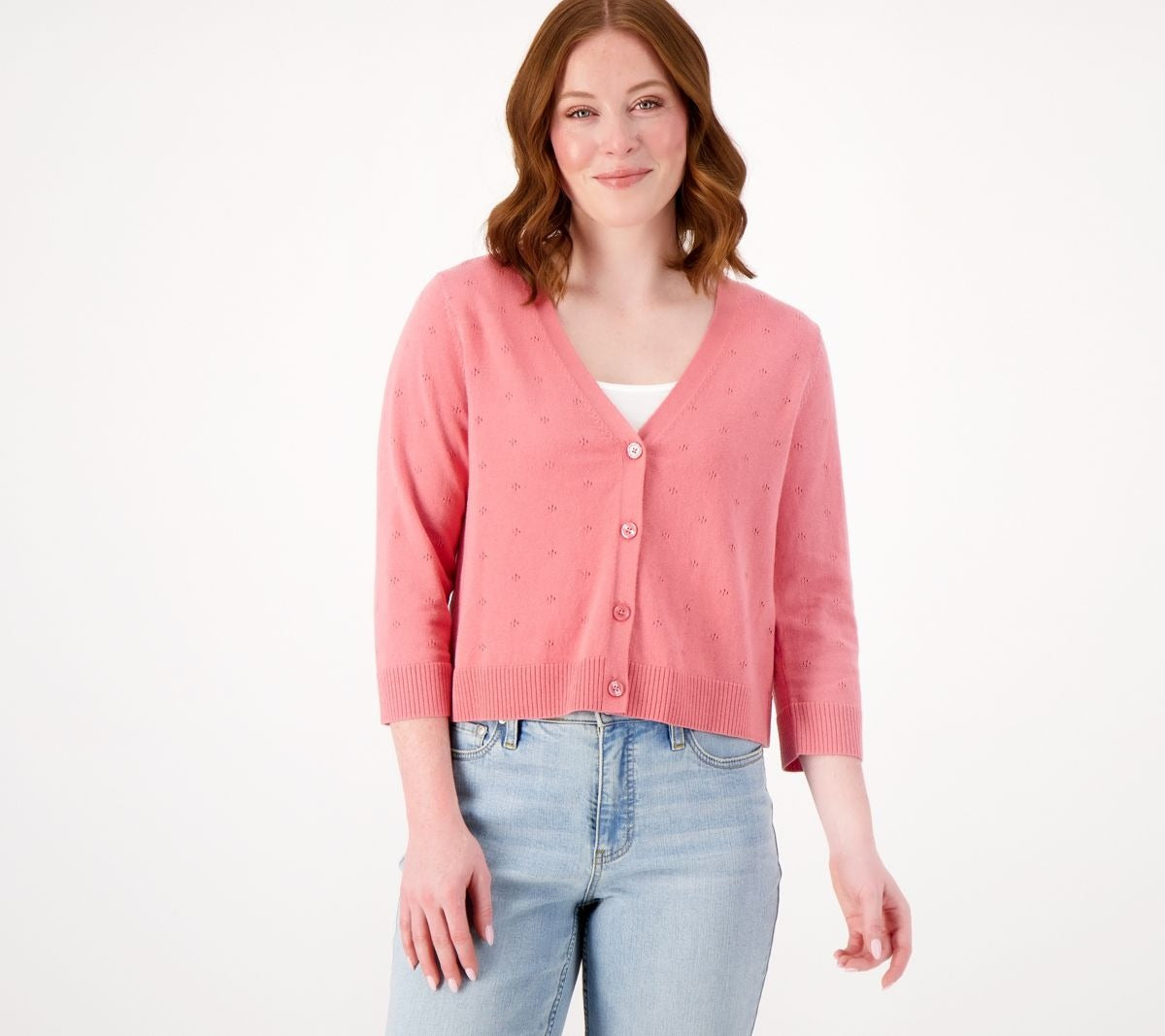 Pointelle Stitch V-Neck 3/4 Sleeve