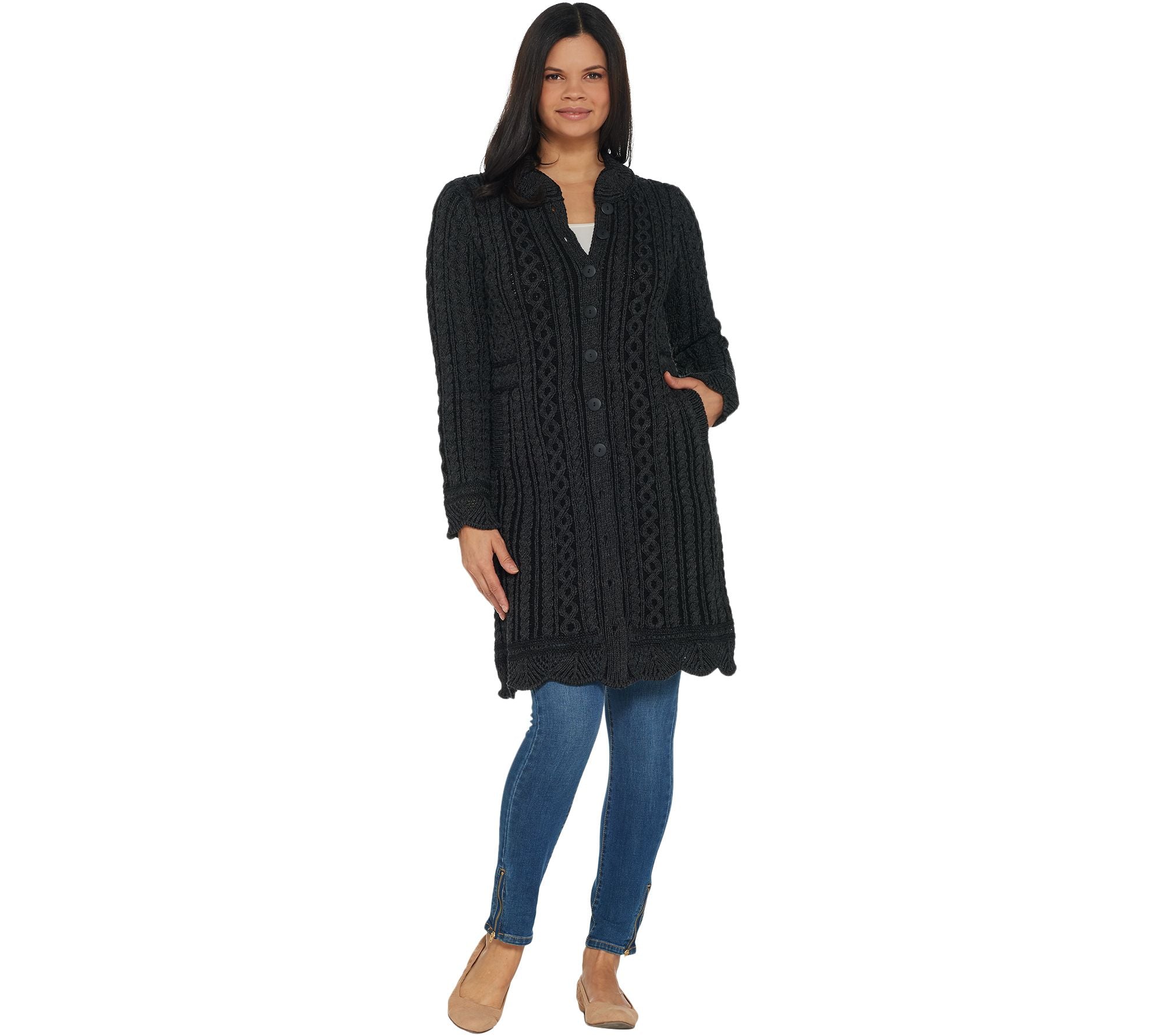Merino Wool Long Button Front Cardigan - Black