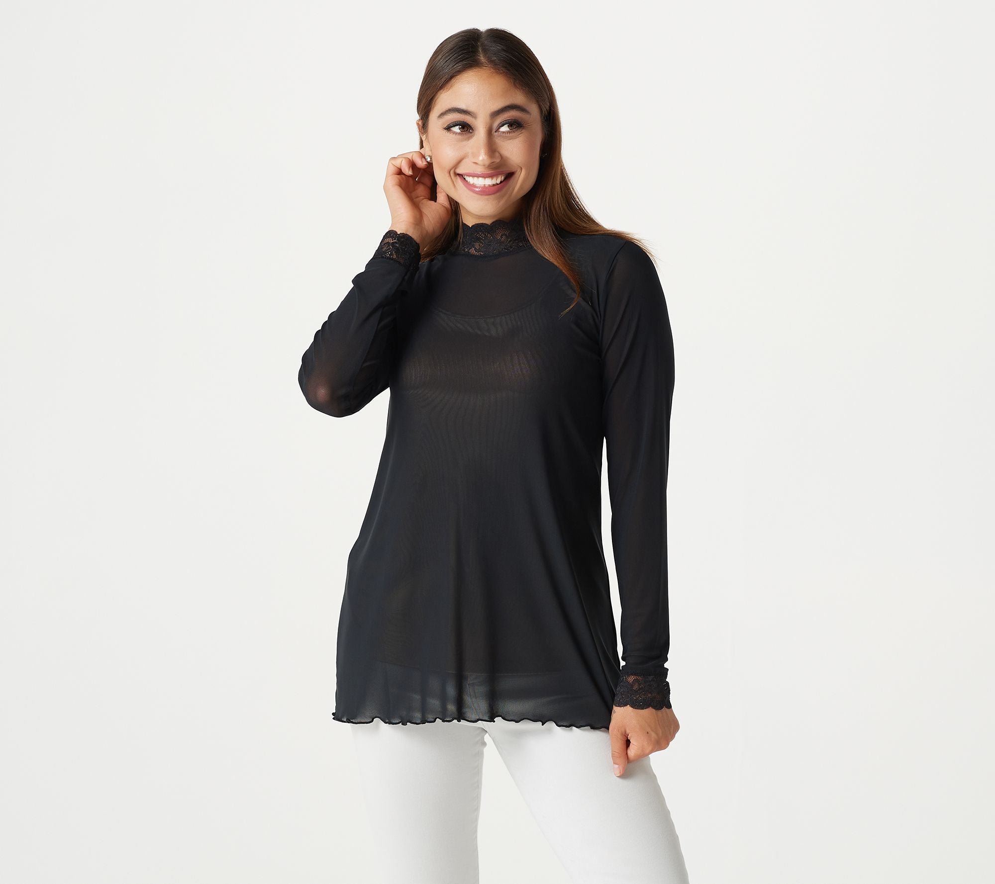 LOGO Layers by Lori Goldstein Sheer Mesh Mock Neck Top with Lace Trim - Black
