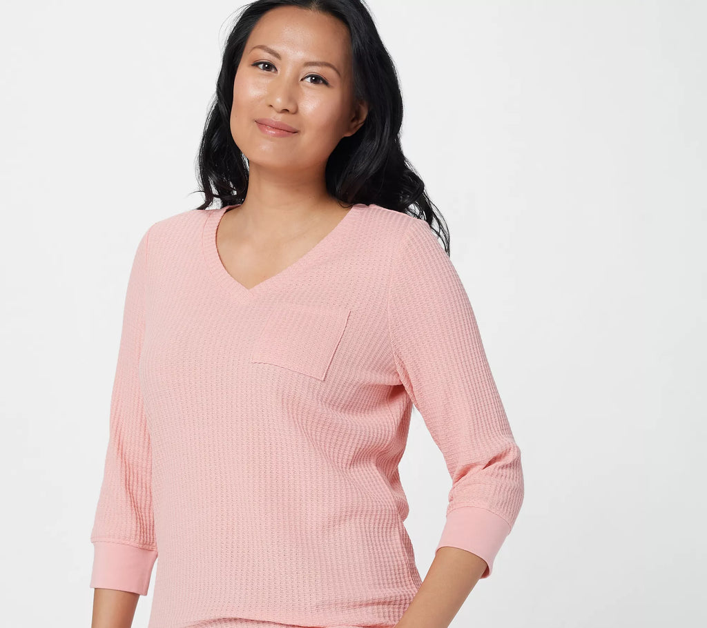 3/4 Sleeve Waffle Knit V-Neck Top