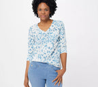 3/4 Sleeve Waffle Knit V-Neck Top