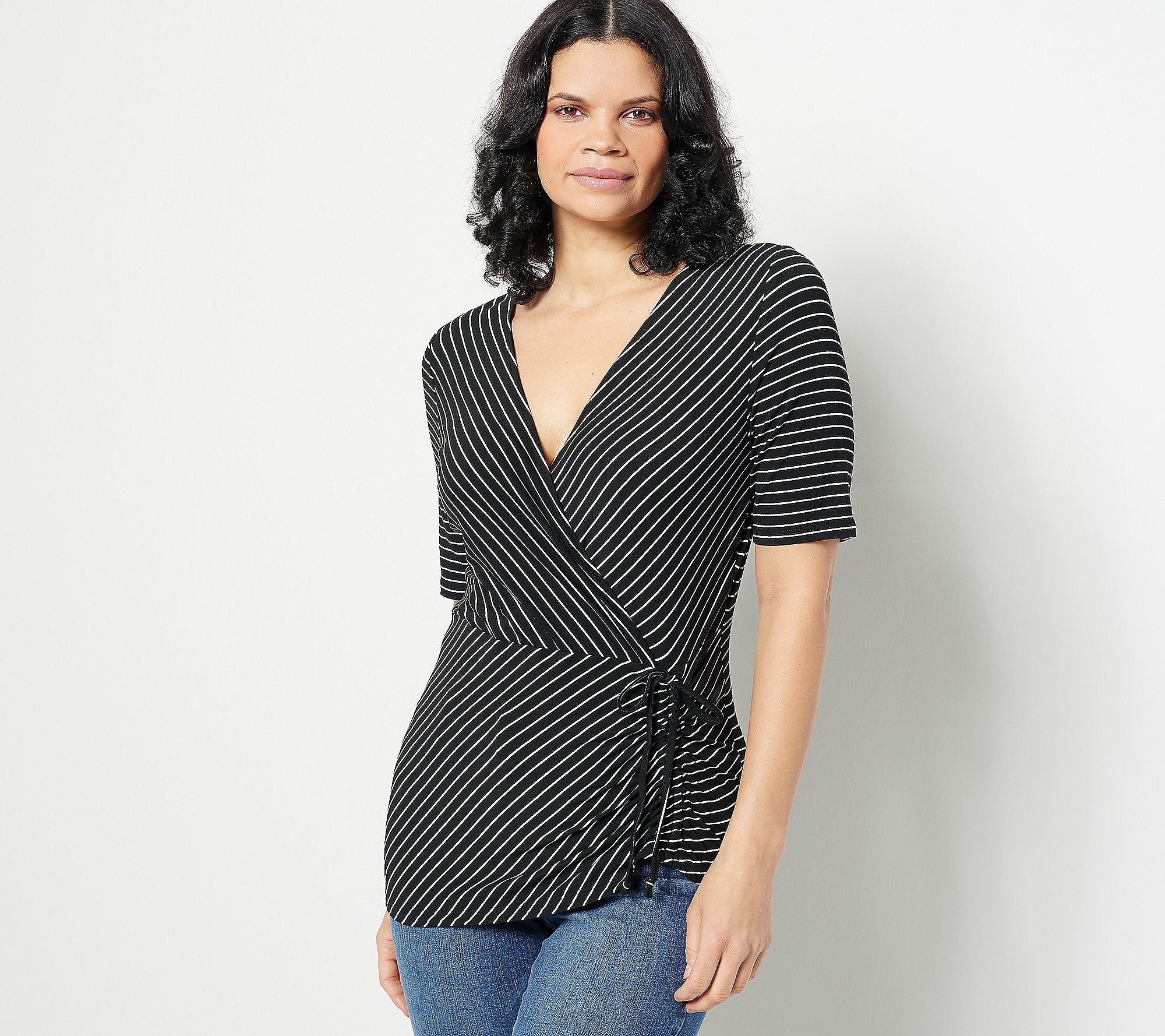 Stripe Jersey Asymmetrical Gather Detail Top
