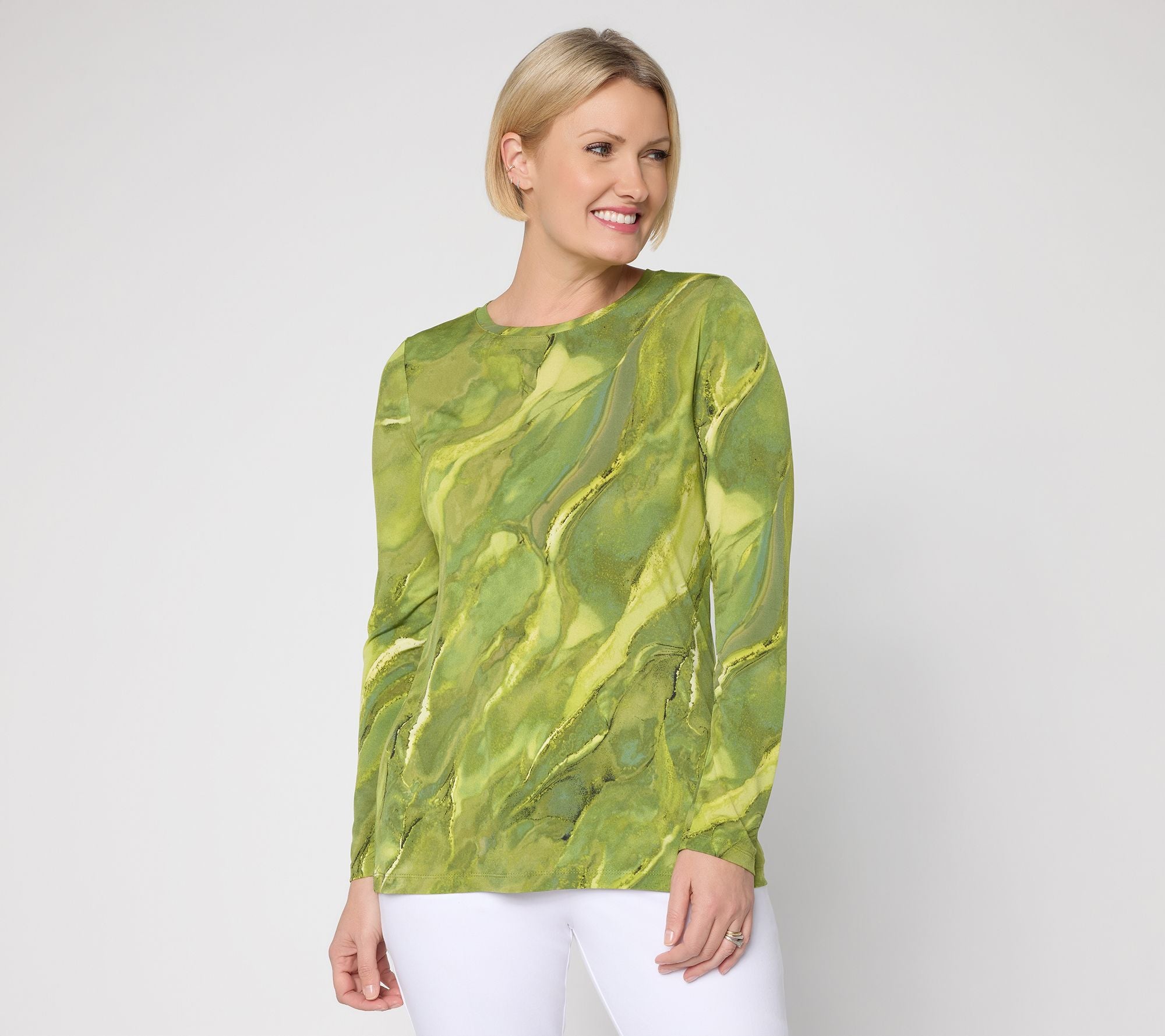 Printed Liquid Knit Long Sleeve Crew Neck Top - Olive Citron