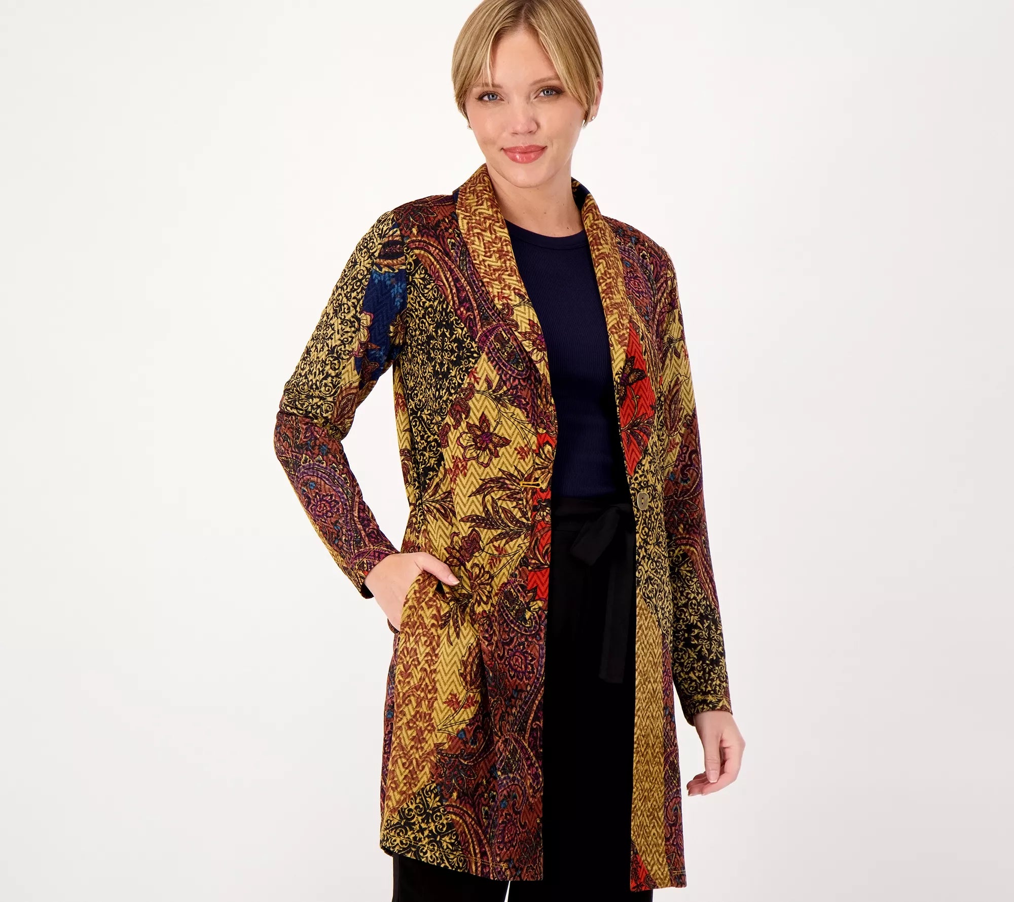 Printed Novelty Knit Jacket w/ Shawl Collar