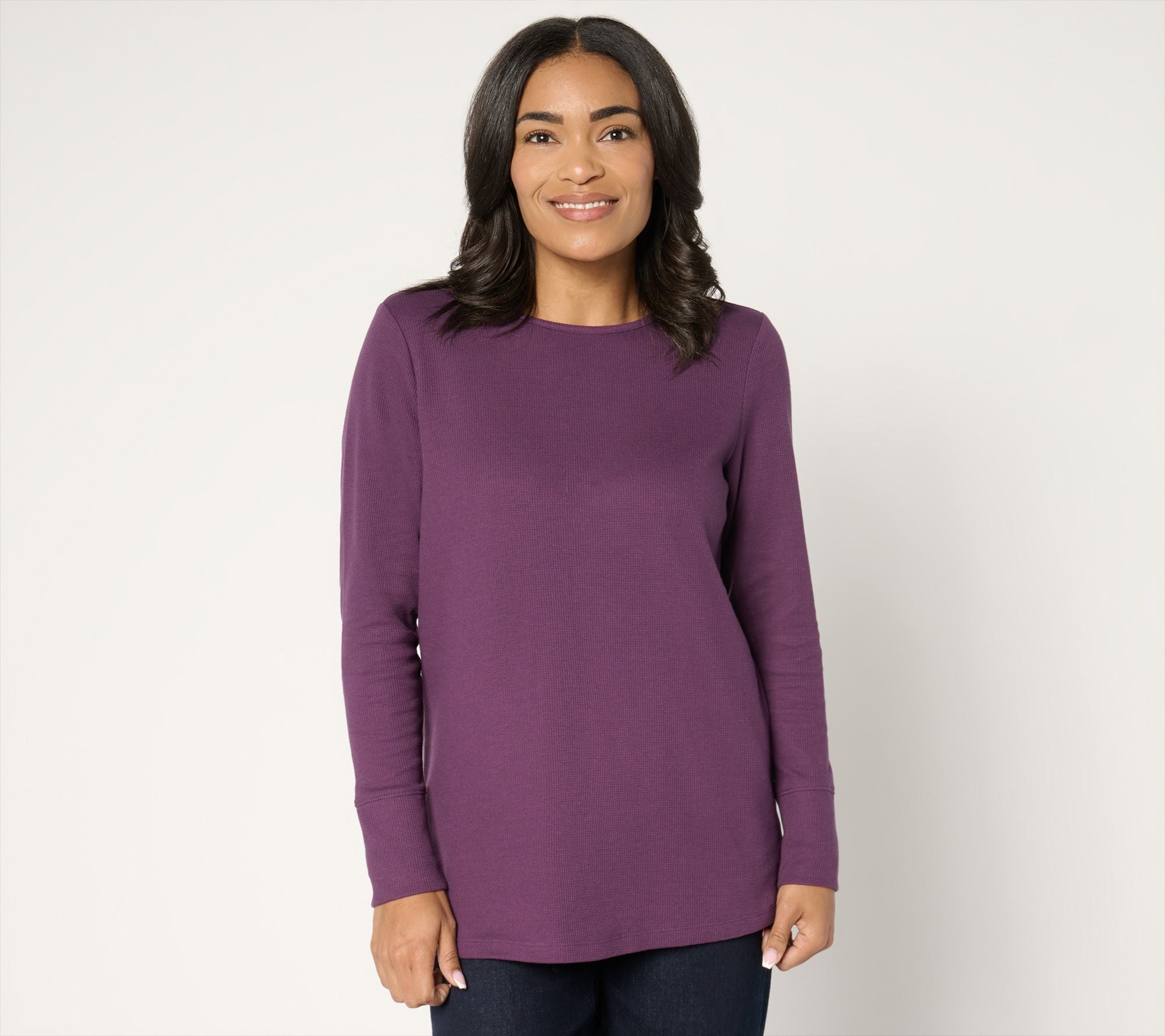 Waffle Knit Crew Neck Long Sleeve Tunic - Deep Plum