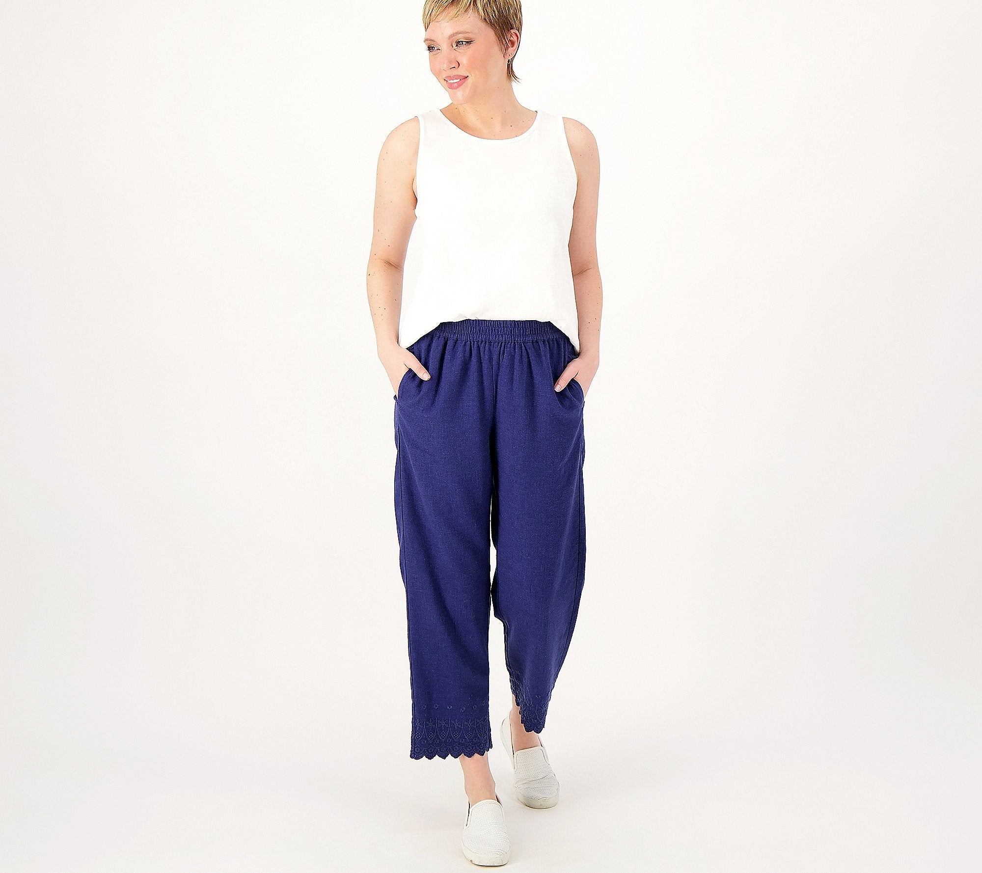PURE Linen Reg Pull-On Embroidered Hem Crop Pant